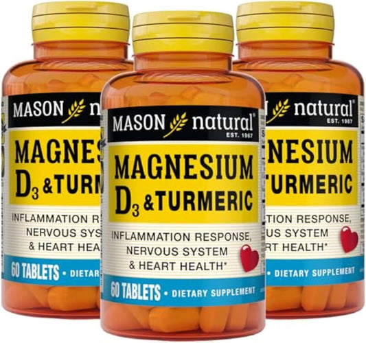 MASON NATURAL Magnesium & Vitamin D3 with Turmeric Tablets - Supports Heart, Nervous System, Bone & Muscle Health, Joint Support, 180 Count