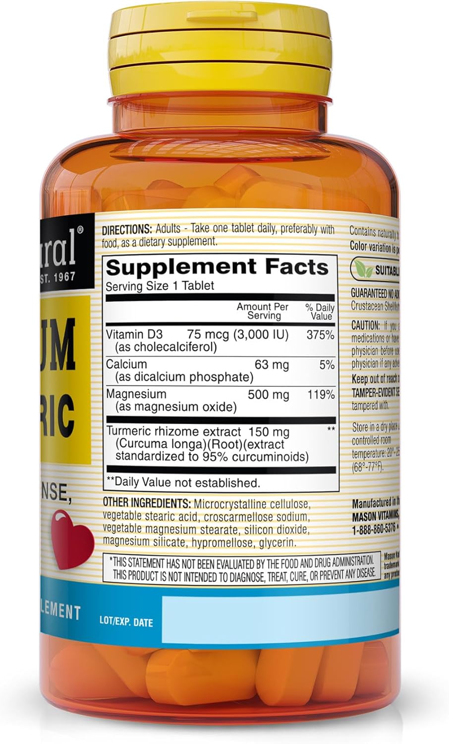 MASON NATURAL Magnesium & Vitamin D3 with Turmeric Tablets - Supports Heart, Nervous System, Bone & Muscle Health, Joint Support, 180 Count
