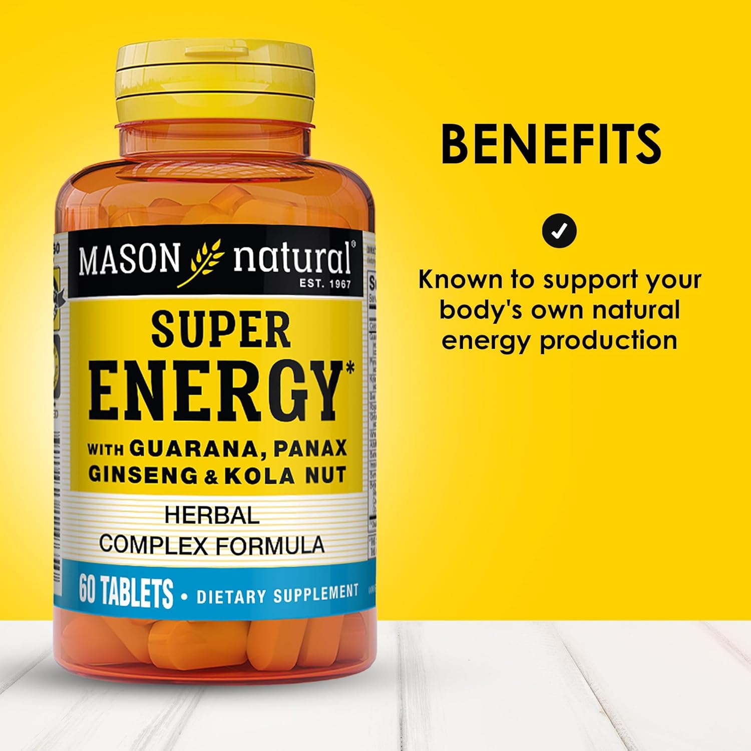 MASON NATURAL Super Energy Supplement with Guarana, Panax Ginseng, Kola Nut - 90 Day Supply, 180 Tablets