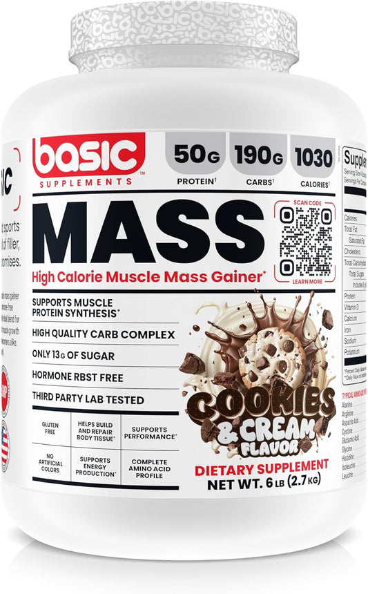Mass Gainer Protein Powder for Muscle Growth & Recovery, 50g Protein, 190g Carbs, 1030 Calories, Gluten-Free, No Artificial Colors - Cookies and Cream, 6 lb