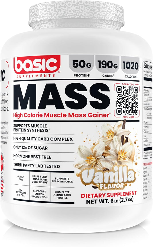 Mass Gainer Protein Powder for Muscle Growth & Recovery, 50g Protein, 190g Carbs, 1030 Calories - Gluten-Free, RBST-Free - Vanilla Flavor - 6 Pound