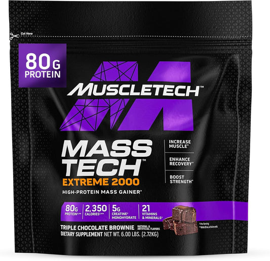 Mass Tech Extreme 2000 Mass Gainer Protein Powder Supplement - Triple Chocolate Brownie Flavor, 6LB - High-Protein Weight Gainer for Muscle Growth & Recovery