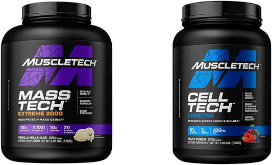 Mass-Tech Extreme 2000 Muscle Builder Bundle - Whey Protein & Creatine Monohydrate Powder for Post Workout Recovery