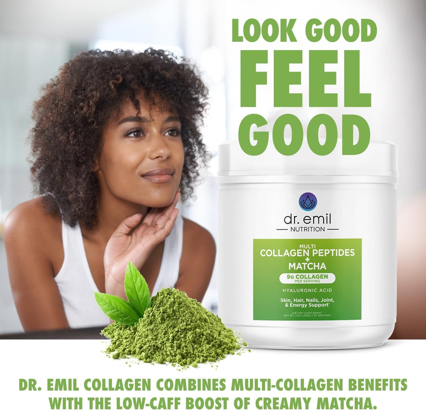 Matcha Green Tea Collagen Peptides Powder with Hyaluronic Acid for Hair, Skin & Nails - 9g Protein/serving - Women's Collagen Supplements