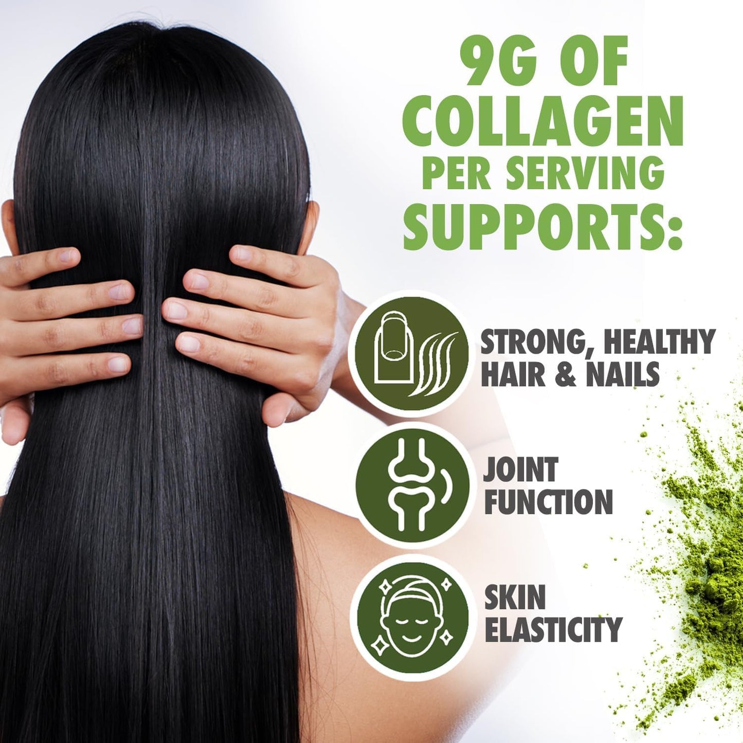 Matcha Green Tea Collagen Peptides Powder with Hyaluronic Acid for Hair, Skin & Nails - 9g Protein/serving - Women's Collagen Supplements