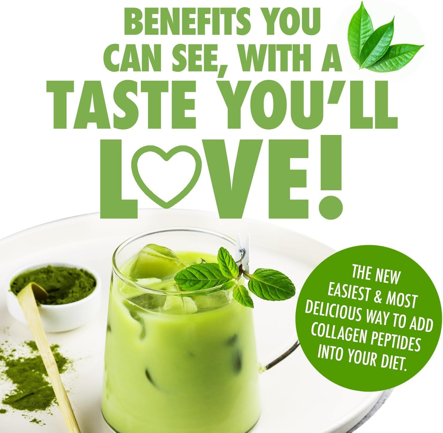 Matcha Green Tea Collagen Peptides Powder with Hyaluronic Acid for Hair, Skin & Nails - 9g Protein/serving - Women's Collagen Supplements