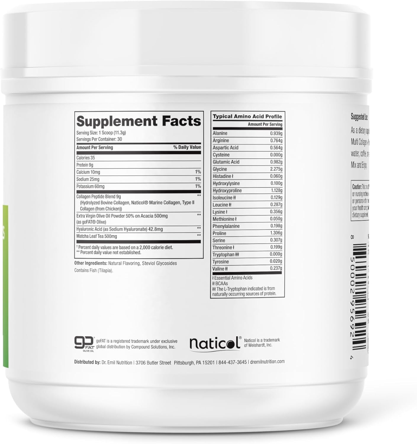 Matcha Green Tea Collagen Peptides Powder with Hyaluronic Acid for Hair, Skin & Nails - 9g Protein/serving - Women's Collagen Supplements