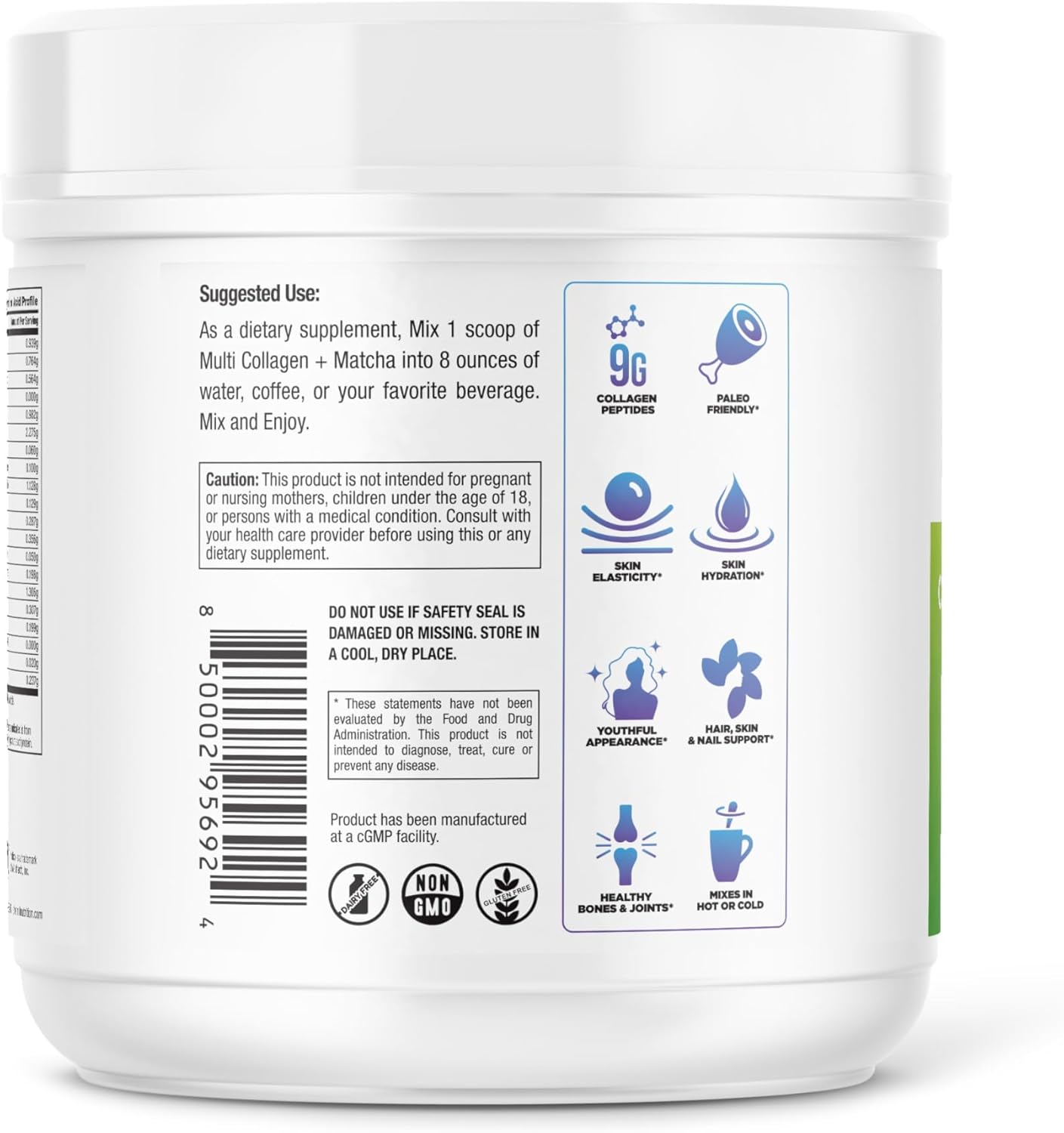 Matcha Green Tea Collagen Peptides Powder with Hyaluronic Acid for Hair, Skin & Nails - 9g Protein/serving - Women's Collagen Supplements