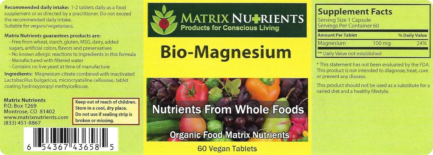 Matrix Nutrients BIO-Magnesium - Vegan Tablets (60ct) for Energy, Blood Pressure, Muscle Function, Sleep, Nerve Function, and Blood Sugar Levels - Premium Magnesium Supplement