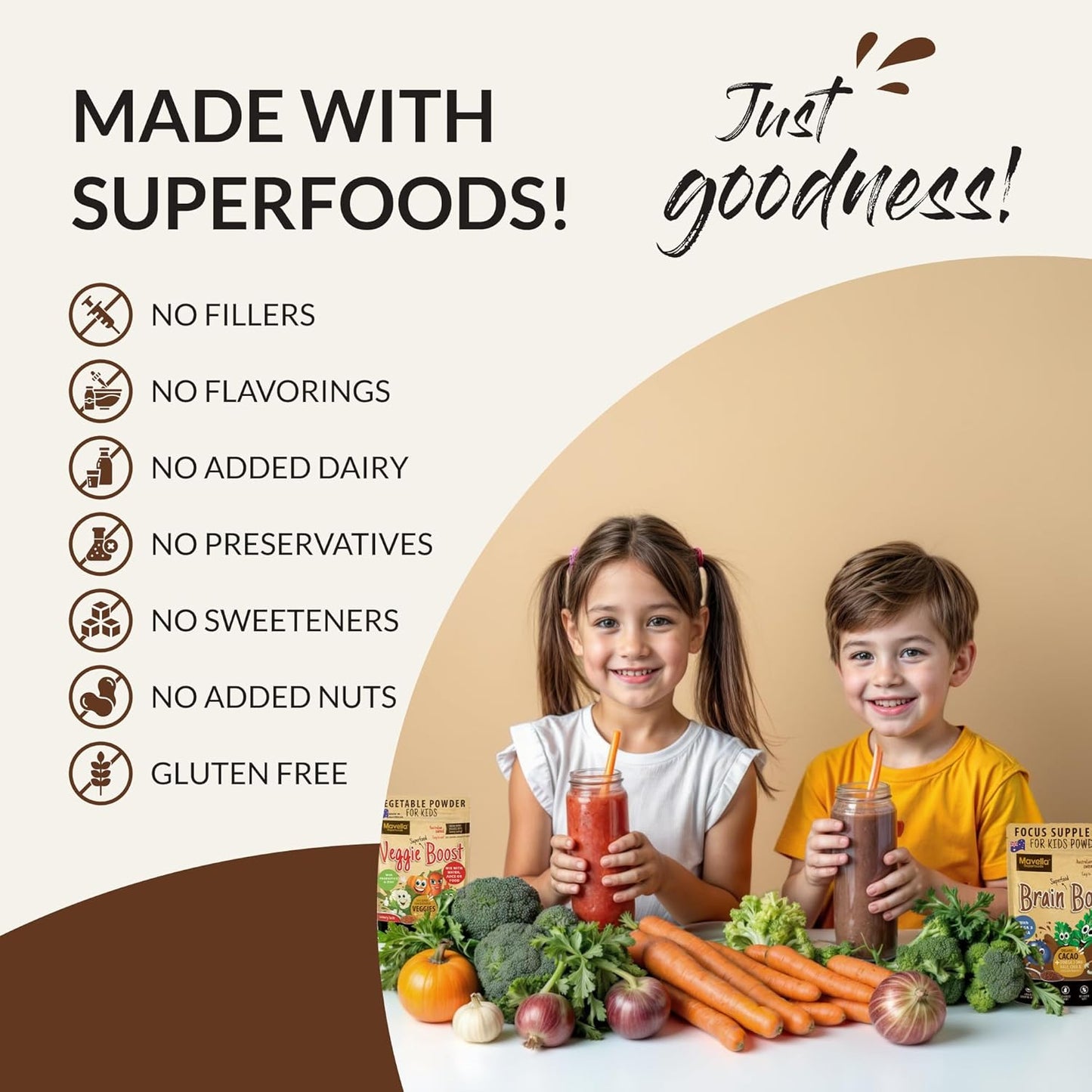 Mavella Kids Vegetable Powder: Probiotics, Fiber, Super Greens, Pea Protein, Nutritious Savoury Supplement (200g)