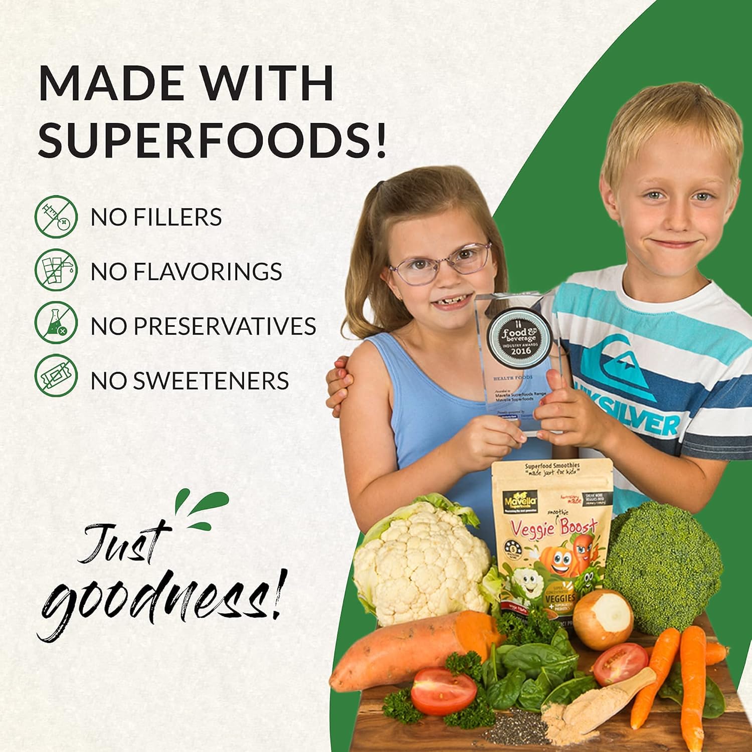 Mavella Kids Veggie Boost Powder with Probiotics, Fibers, Super Greens, and Pea Protein - Nutritious Savoury Flavored Supplement (3.52oz)