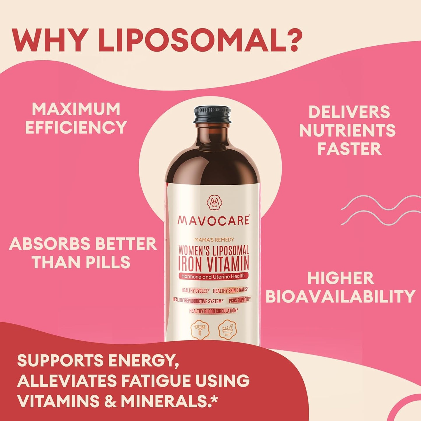 MavoCare Liposomal Iron and Beetroot Vitamin for Women's Health, Fertility, and Hormone Balance - Vegan Formula for Hair, Nails, and Blood Circulation - 15.2 fl oz