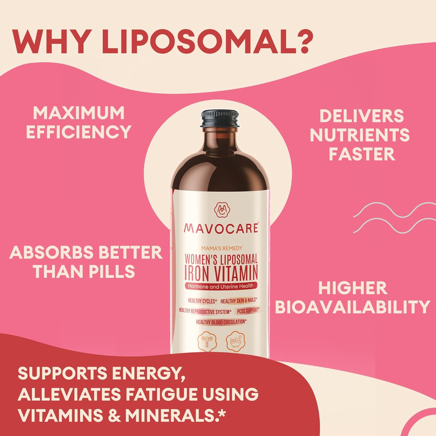 MavoCare Liposomal Iron and Beetroot Vitamin for Women's Health, Fertility, and Hormone Balance - Vegan Formula for Hair, Nails, and Blood Circulation - 15.2 fl oz