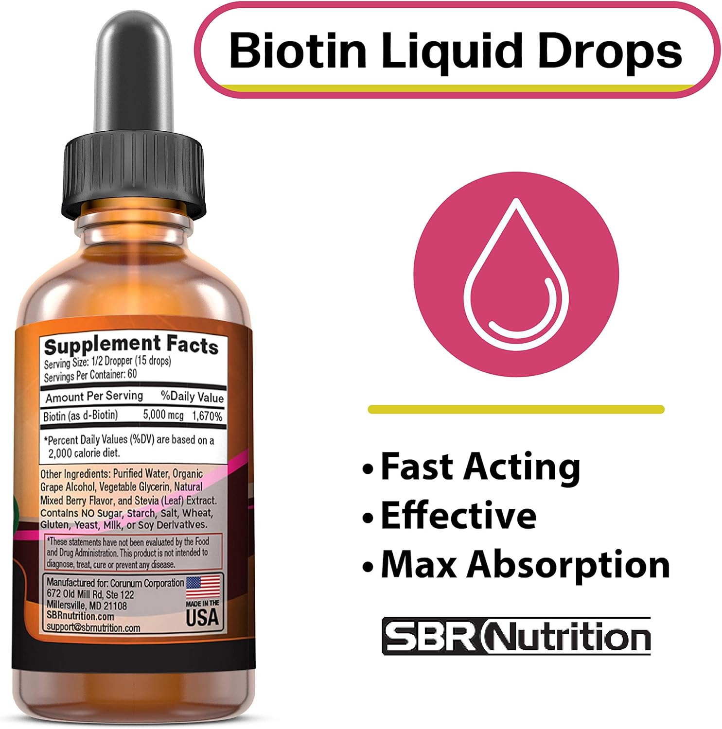 Max Absorption Biotin Liquid Drops - Mixed Berry Flavor, 5000mcg Per Serving, 60 Servings, Vegan, Healthy Hair & Nail Support