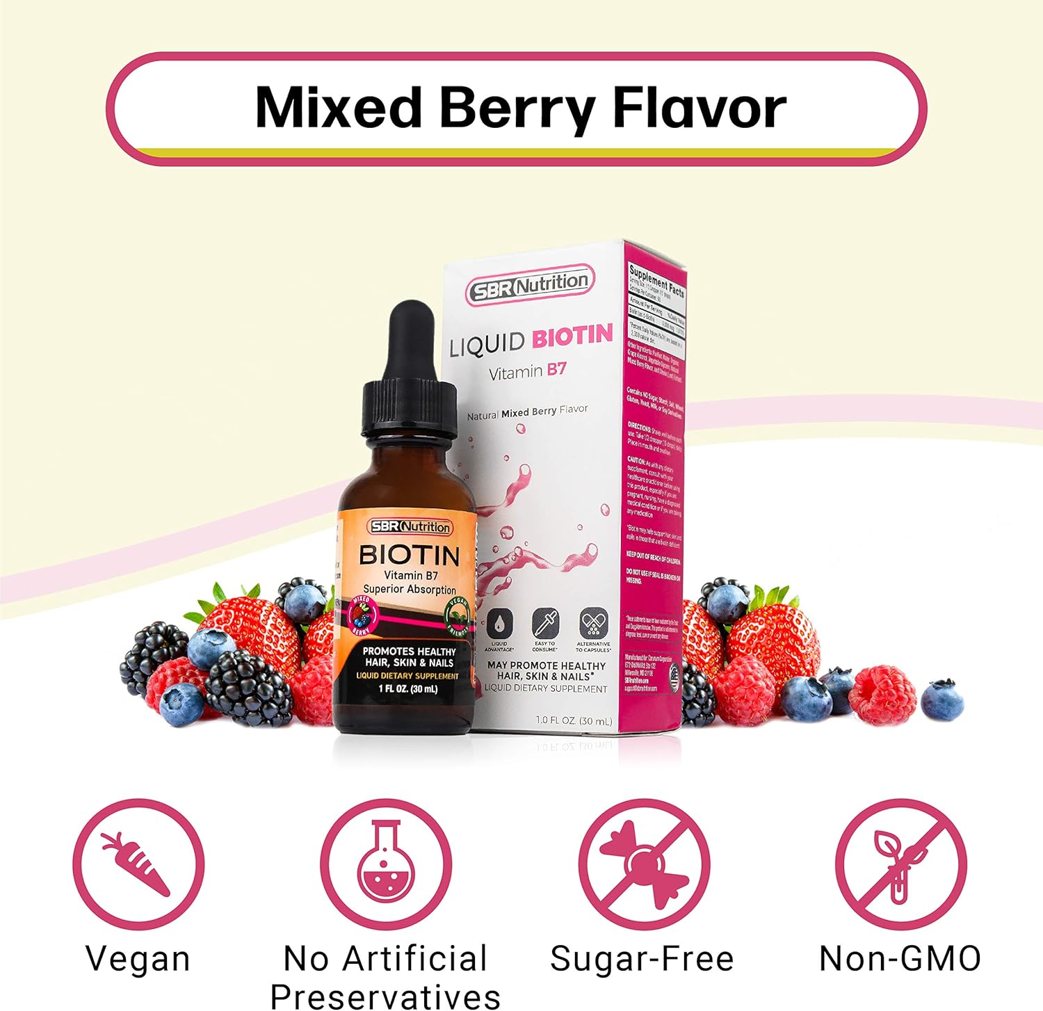 Max Absorption Biotin Liquid Drops - Mixed Berry Flavor, 5000mcg Per Serving, 60 Servings, Vegan, Healthy Hair & Nail Support