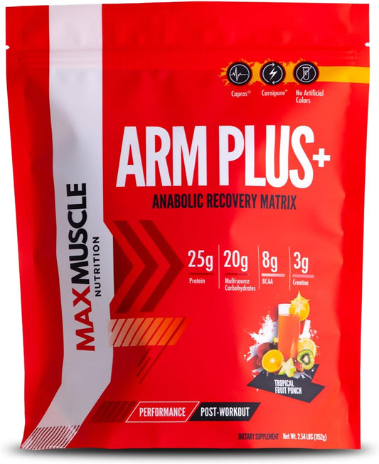 Max Muscle Arm Plus+ Anabolic Recovery Matrix with Whey Protein, BCAAs, Creatine Monohydrate, Glutamine, Antioxidants, and Electrolytes - Tropical Punch Flavor - 2.54 lb