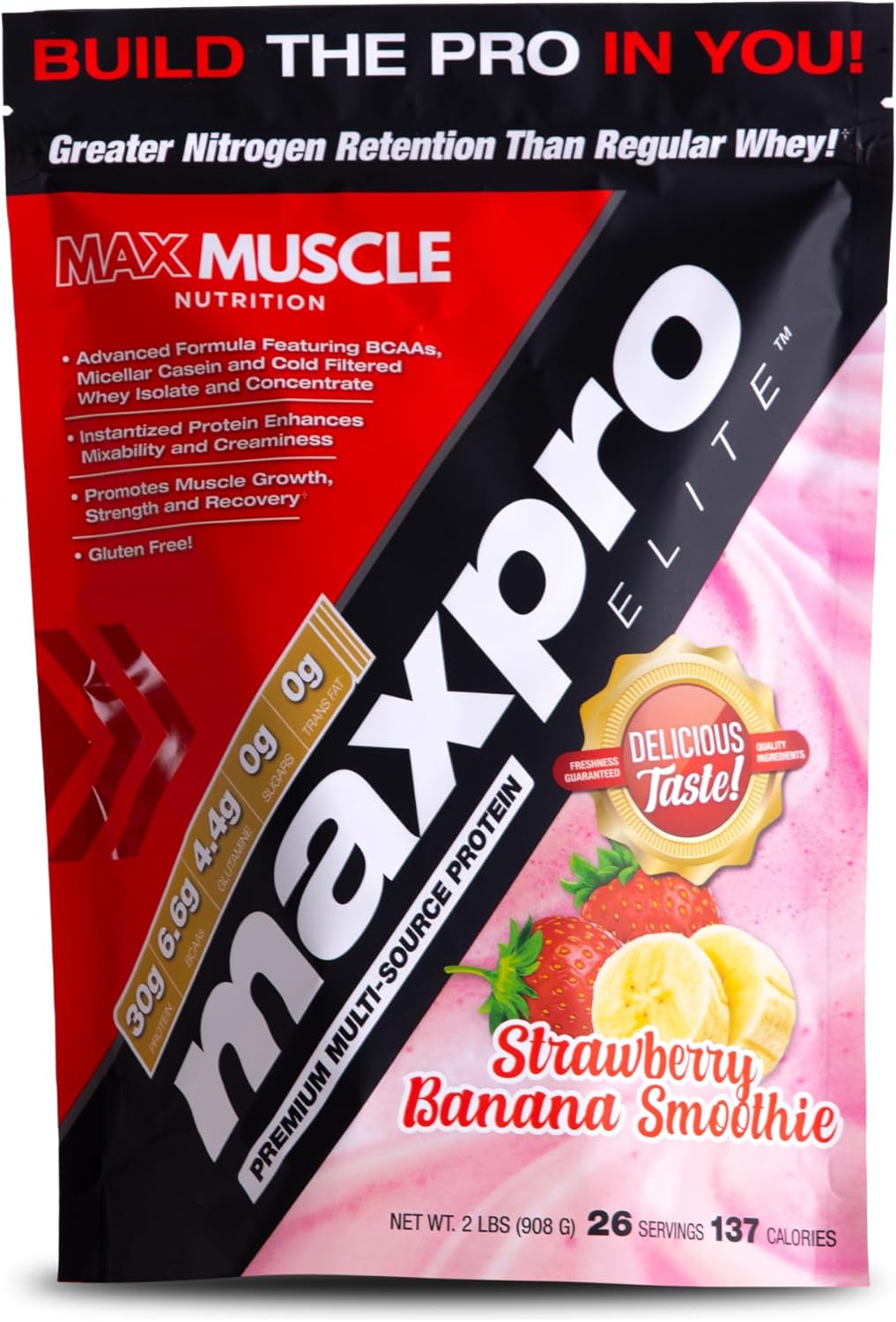 Max Muscle Maxpro Elite Strawberry Banana Whey Protein Powder | 30g Protein | 0g Sugar | 6.6g BCAAs | Cold Filtered Whey Isolate Protein | Muscle Growth & Recovery | 2lb