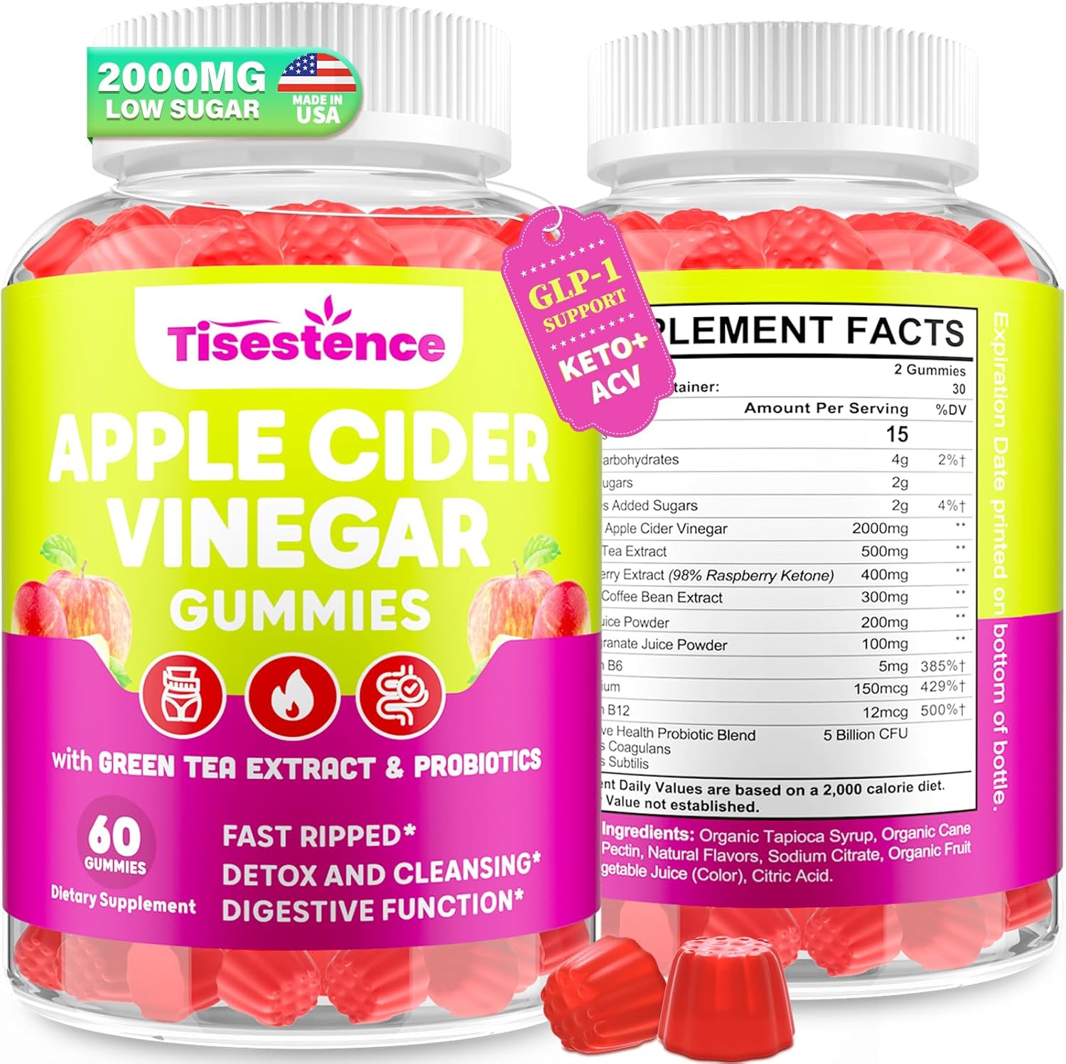 Max Strength Apple Cider Vinegar Gummies with Green Tea & B12 - 60 Vegan Keto Gummies for Detox Cleanse & Metabolism Support