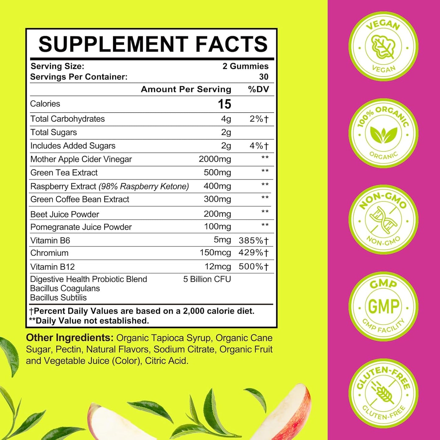 Max Strength Apple Cider Vinegar Gummies with Green Tea & B12 - 60 Vegan Keto Gummies for Detox Cleanse & Metabolism Support