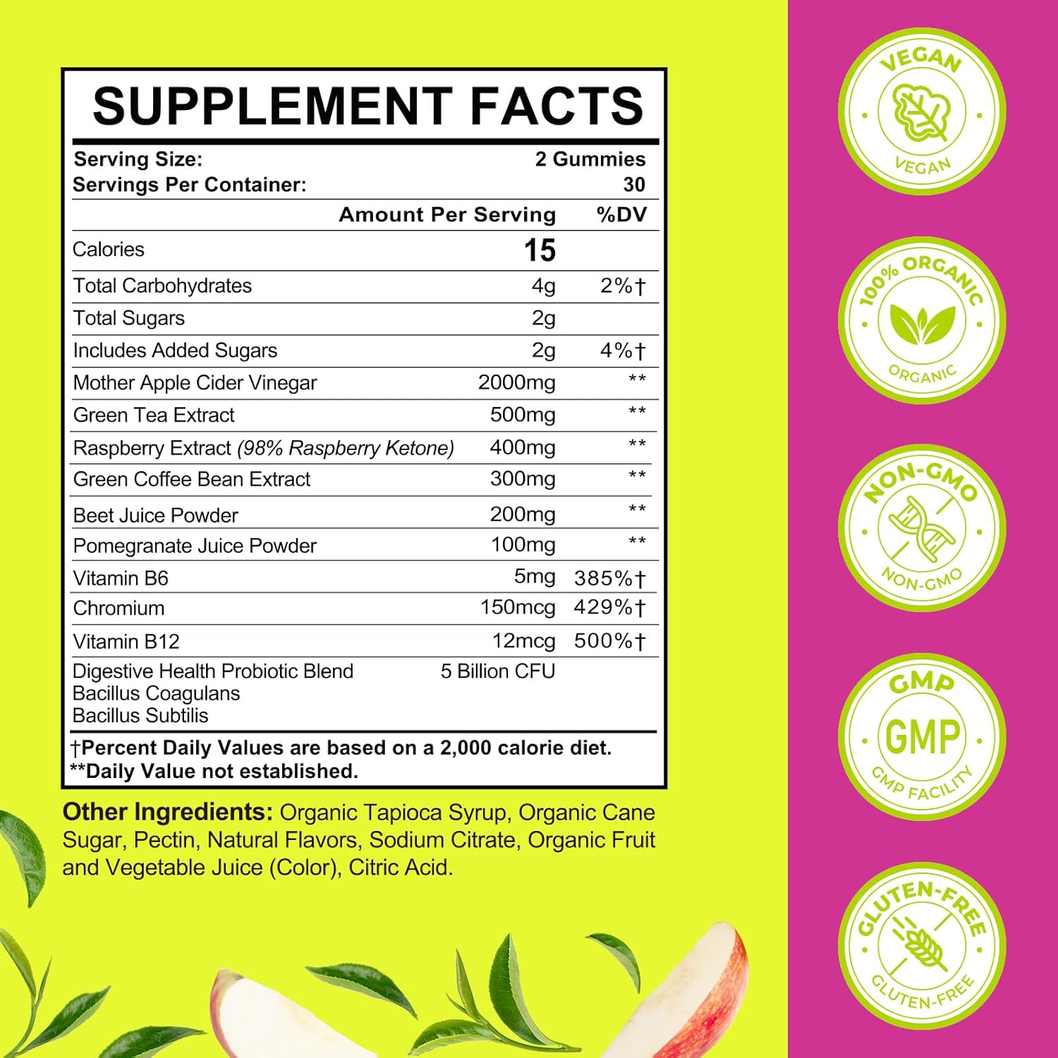 Max Strength Apple Cider Vinegar Gummies with Green Tea & B12 - 60 Vegan Keto Gummies for Detox Cleanse & Metabolism Support