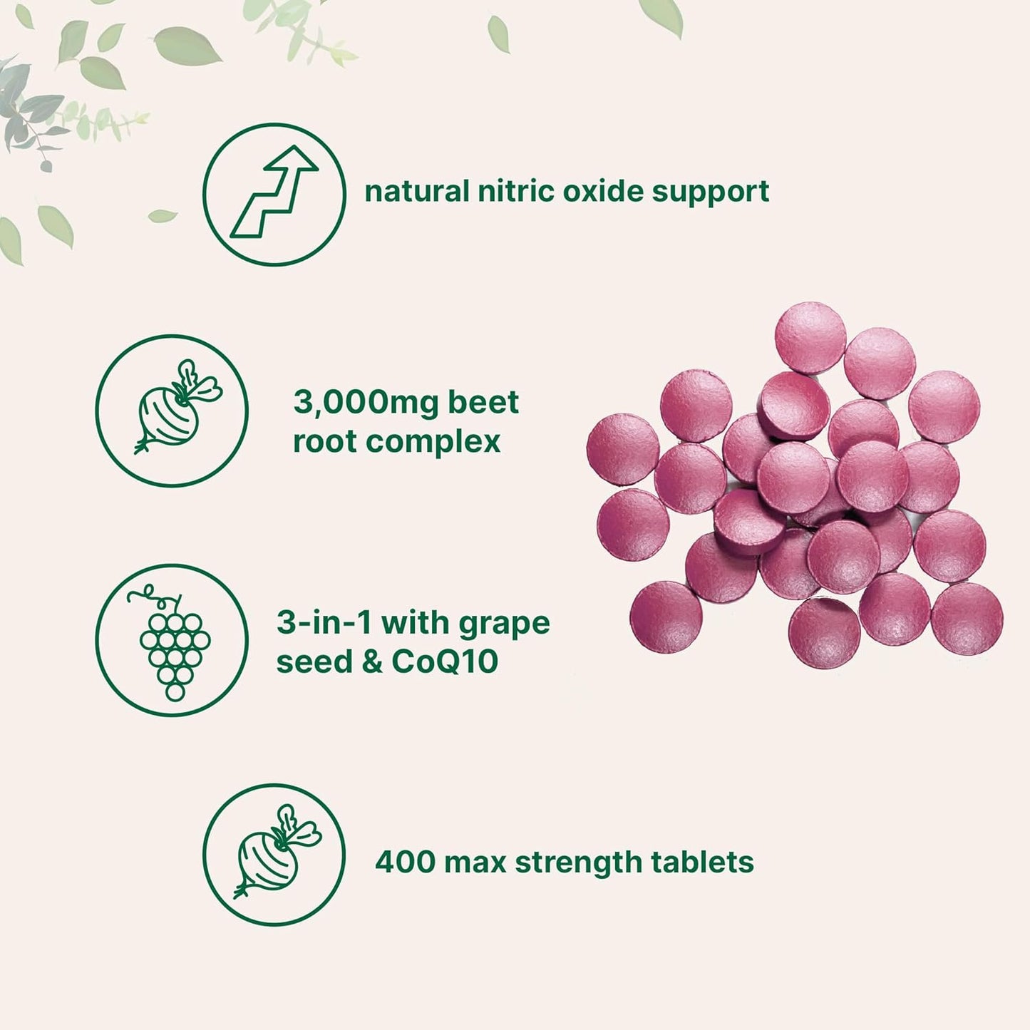 Max Strength Beet Root 3,000mg Tablets with Grape Seed Extract & CoQ10 - Energy & Heart Health Support - 400 Count - Non-GMO, Gluten Free
