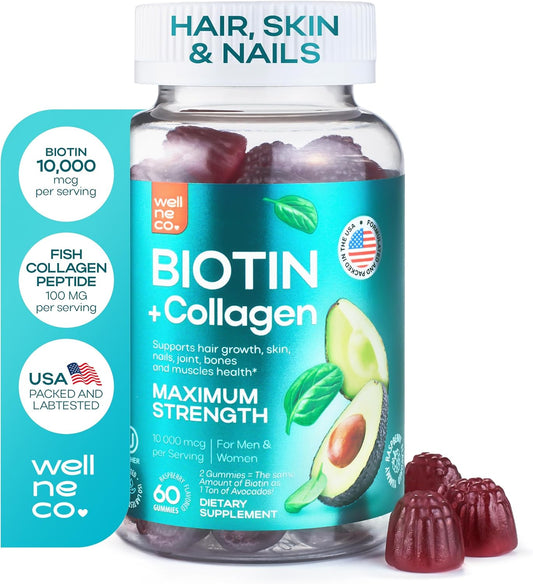 Max Strength Biotin Collagen Gummies - Hair, Skin, Nails Supplement - Non-GMO, Gluten Free, Gelatin Free - Beauty Gummies Women Men