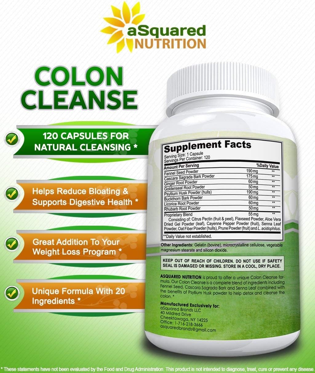 Max Strength Colon Cleanse Supplement for Weight Loss - 120 Capsules, Natural Detox Cleanser for Digestive Health, Diet Pills for Men & Women by aSquared Nutrition