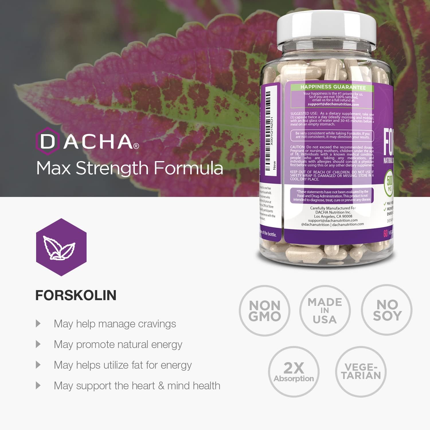Max Strength DACHA Natural Forskolin - 500mg Coleus Extract, Keto Diet Pills for Fast Slimming Formula, Slim Look for Women & Men, Rapid Tone, Luna Trim, MD Formula
