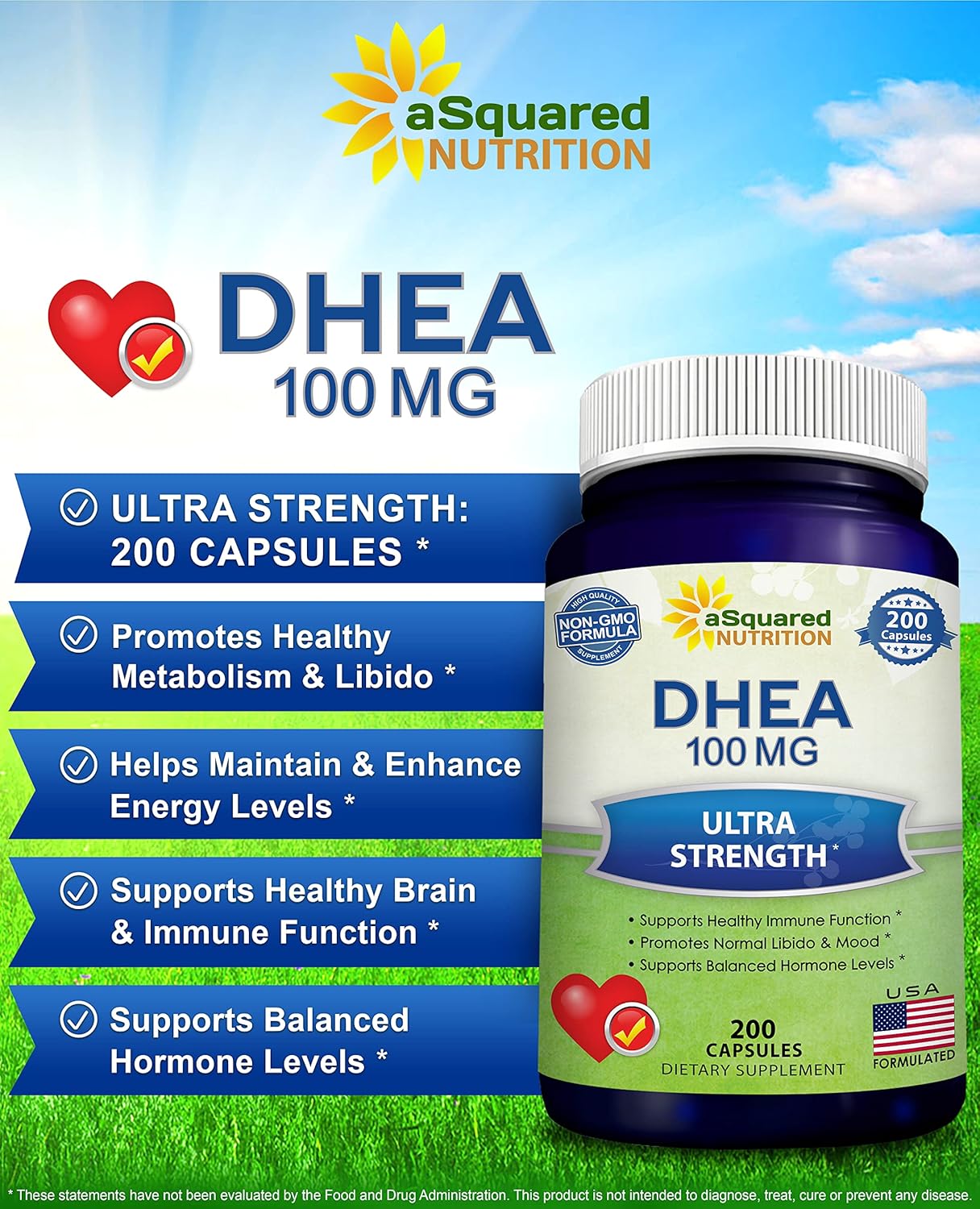Max Strength DHEA Supplement (100mg, 200 Capsules) for Hormone Balance - Natural Pills for Metabolism, Libido, Brain, Immune Support & Energy Boost