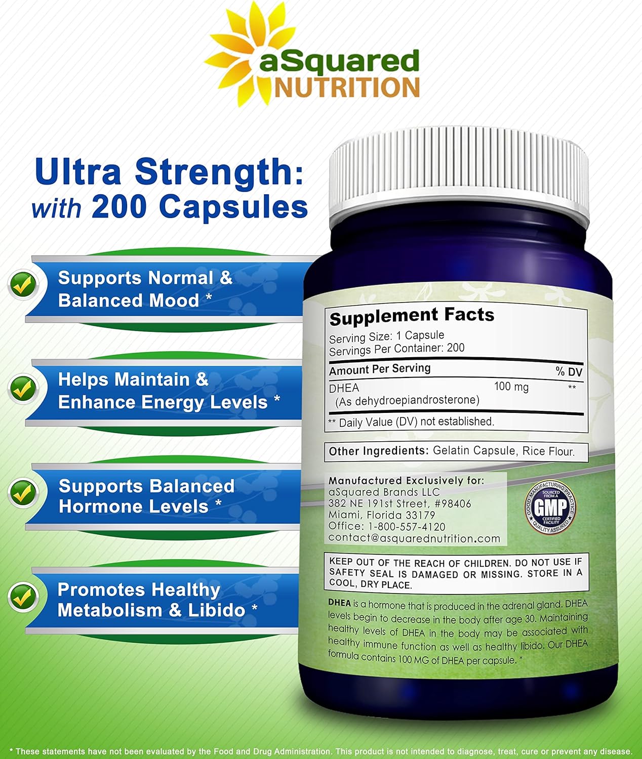 Max Strength DHEA Supplement (100mg, 200 Capsules) for Hormone Balance - Natural Pills for Metabolism, Libido, Brain, Immune Support & Energy Boost