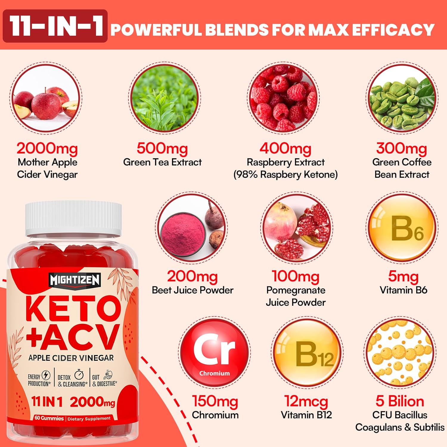 Max Strength Keto Apple Cider Vinegar Gummies with Green Tea, Probiotics, B12 & B6 - Vegan & Non-GMO - 120 Gummies for Detox, Digestion, Gut & Immune Support