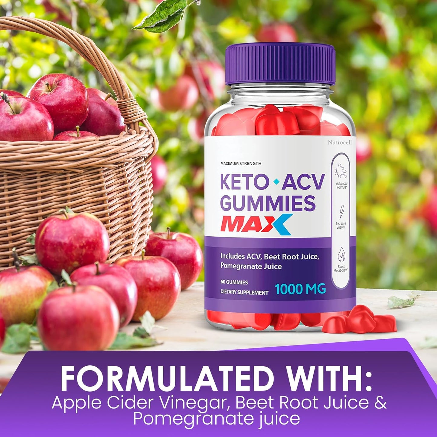 Max Strength Nutrocell Biolife Keto ACV Gummies with Pomegranate Juice and B12 - 60 Gummys Bio Lyfe Pack
