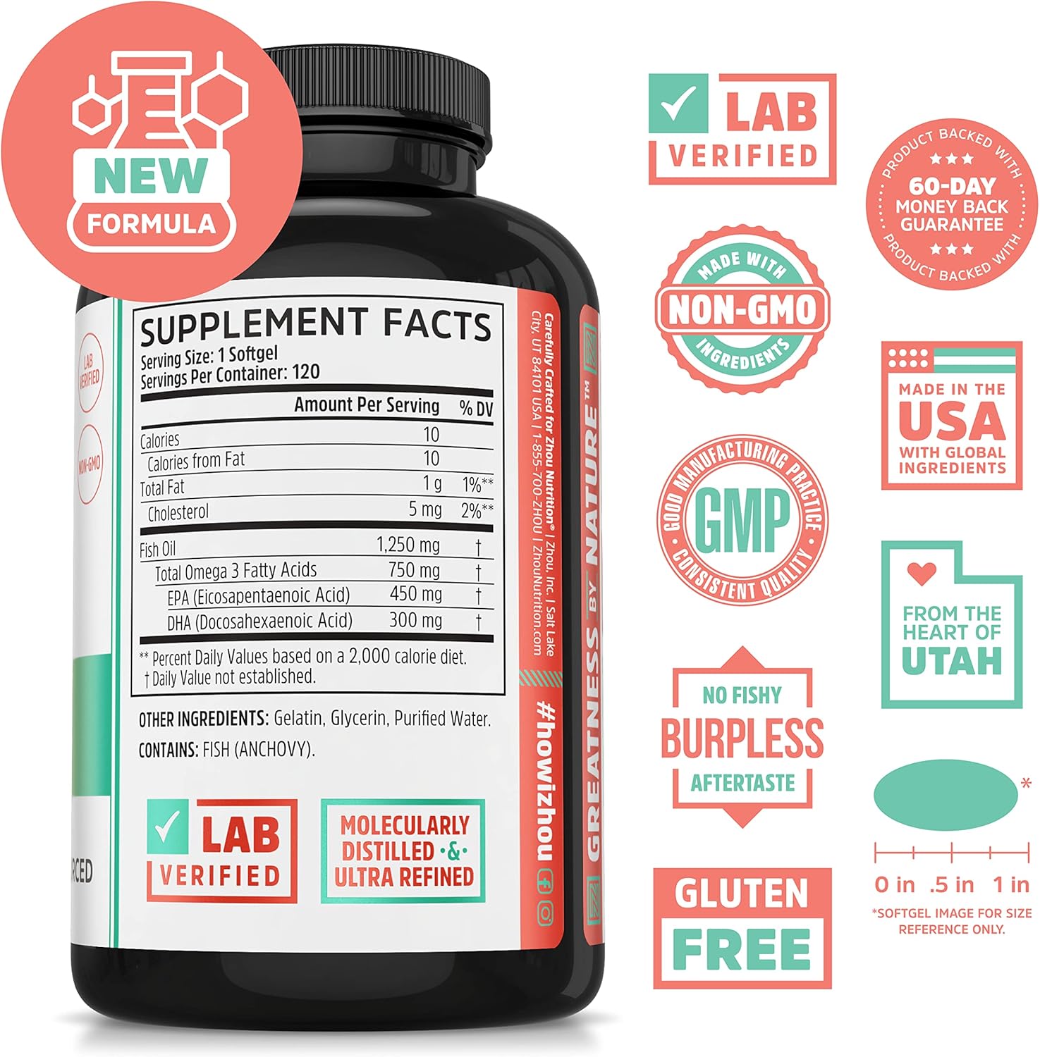 Max Strength Omega 3 Fish Oil Softgels, 1250 mg EPA and DHA, Purified Sustainably Sourced, 120 Servings