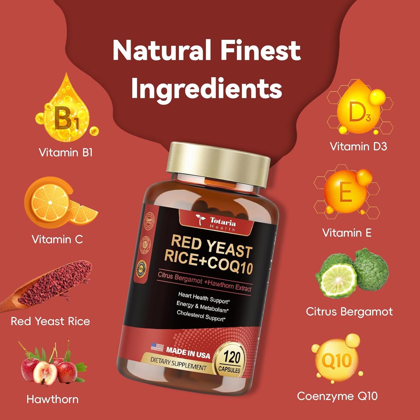 Max Strength Red Yeast Rice with CoQ10 Capsules - 2000 Extract, Citrus Bergamot, Cholesterol & Energy Supplement - Vegan Non-GMO, 3rd-Party Tested