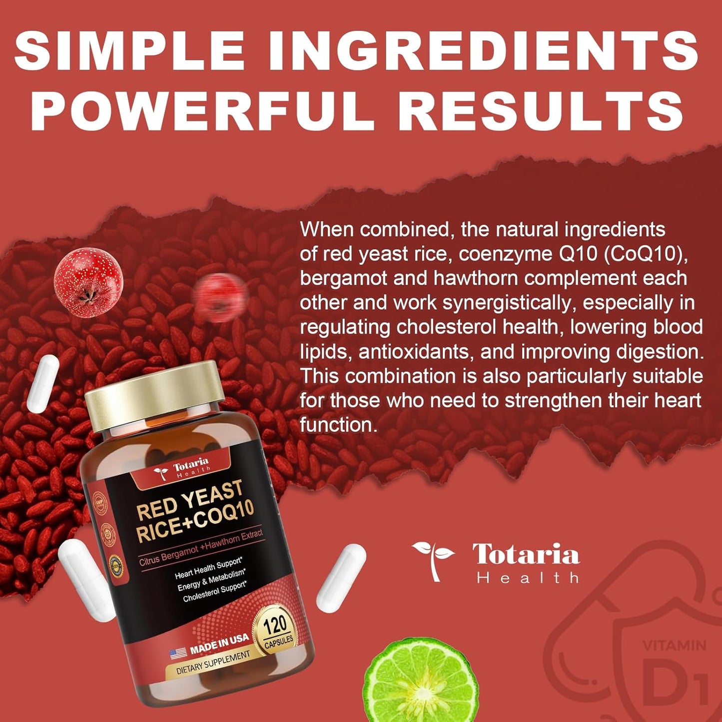Max Strength Red Yeast Rice with CoQ10 Capsules - 2000 Extract, Citrus Bergamot, Cholesterol & Energy Supplement - Vegan Non-GMO, 3rd-Party Tested