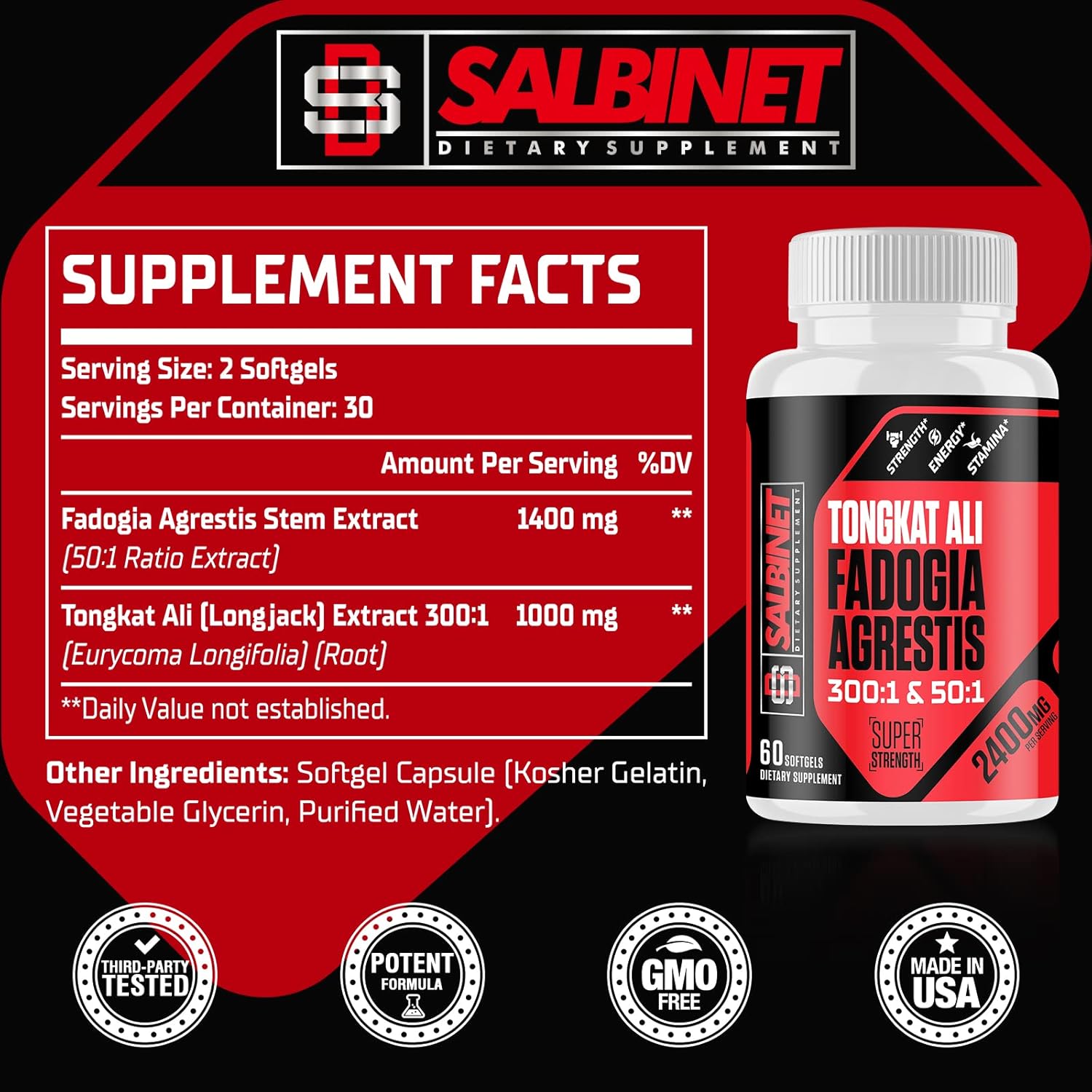 Max Strength Salbinet 2400mg Fadogia Agrestis Tongkat Ali Supplements - Third Party Tested - Boost Muscle Mass & Athletic Performance with 1400mg Fadogia Agrestis & 1000mg Tongkat Ali