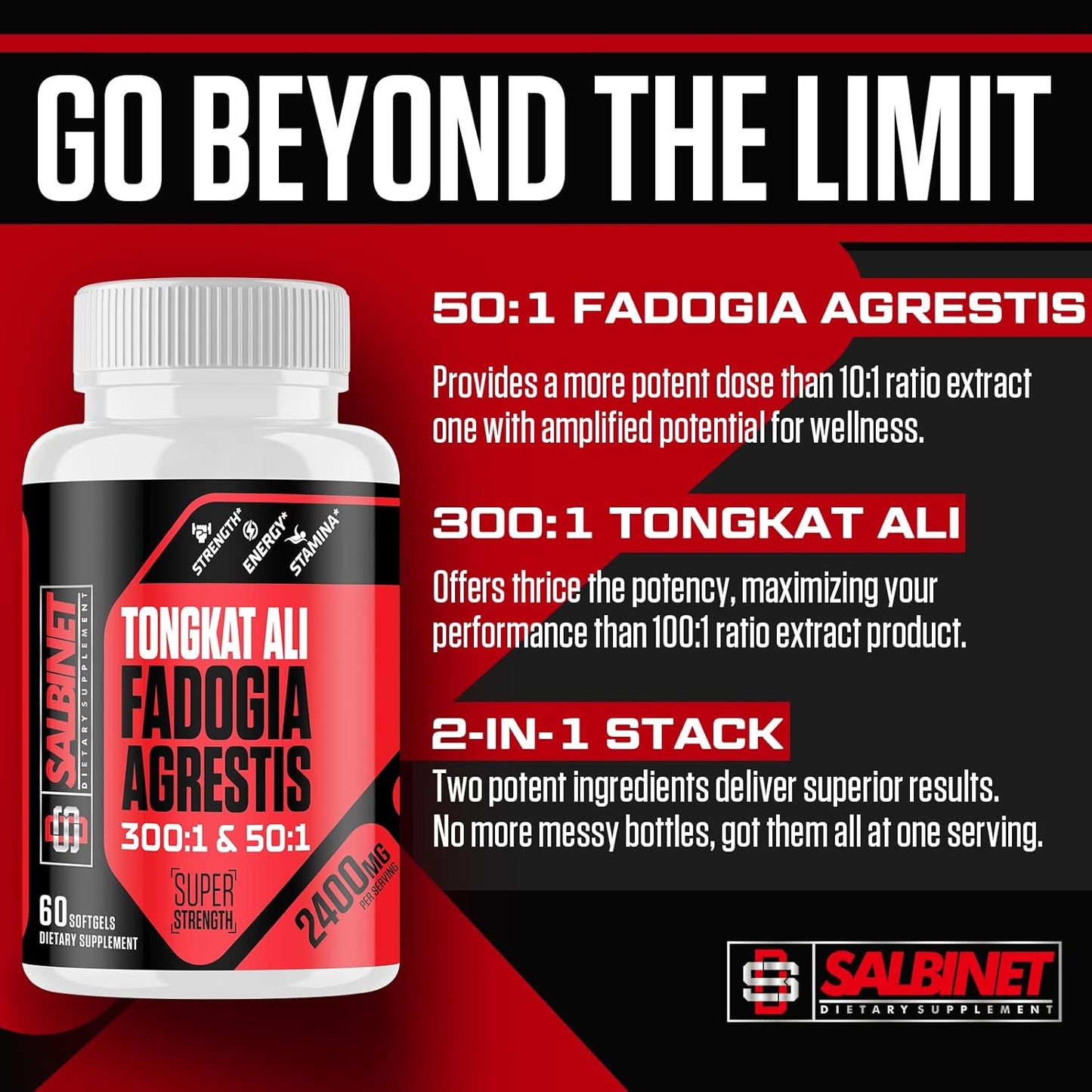 Max Strength Salbinet 2400mg Fadogia Agrestis Tongkat Ali Supplements - Third Party Tested - Boost Muscle Mass & Athletic Performance with 1400mg Fadogia Agrestis & 1000mg Tongkat Ali