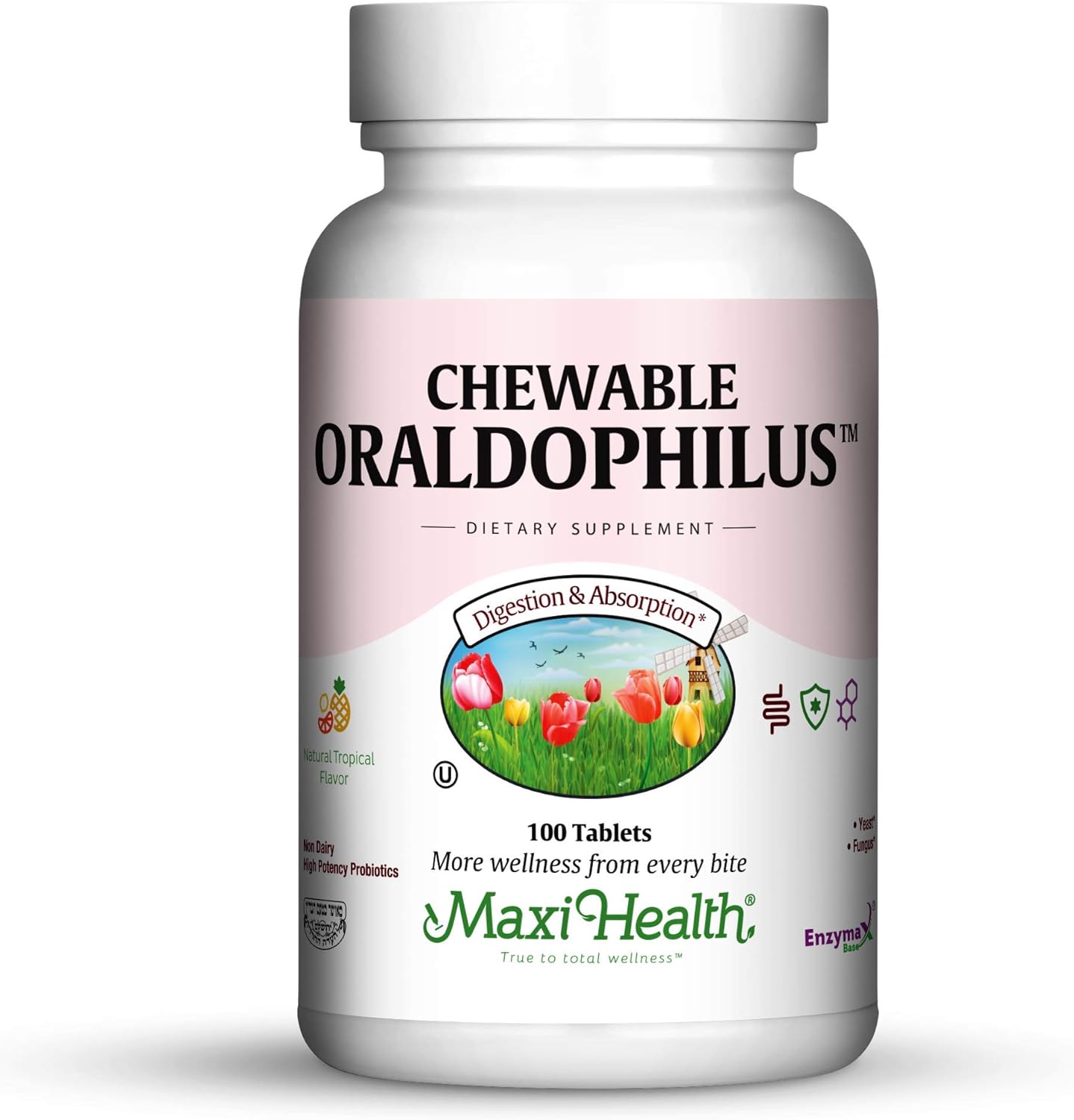 Maxi Health Chewable Oraldophilus Probiotics - Non Dairy - Tropical Flavor - 100 Chewies - Kosher