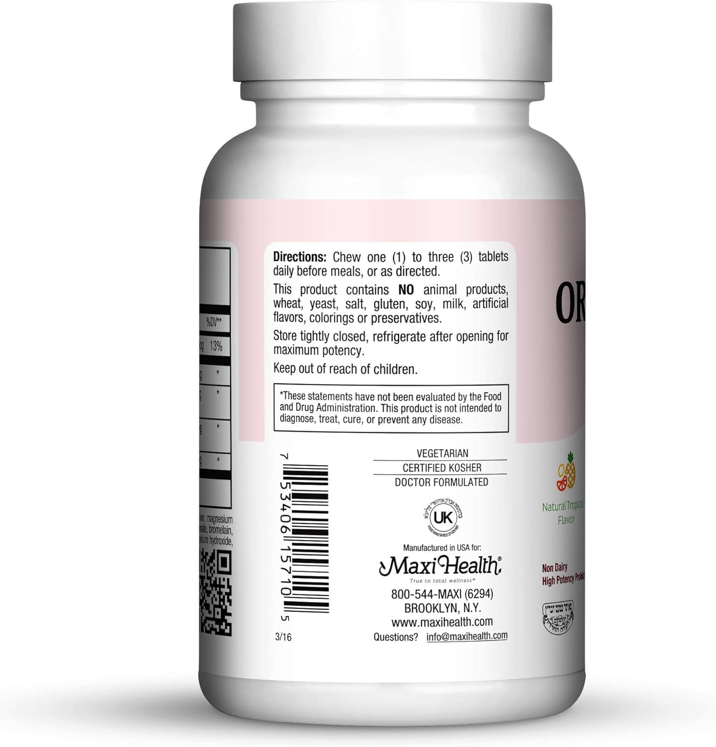 Maxi Health Chewable Oraldophilus Probiotics - Non Dairy - Tropical Flavor - 100 Chewies - Kosher