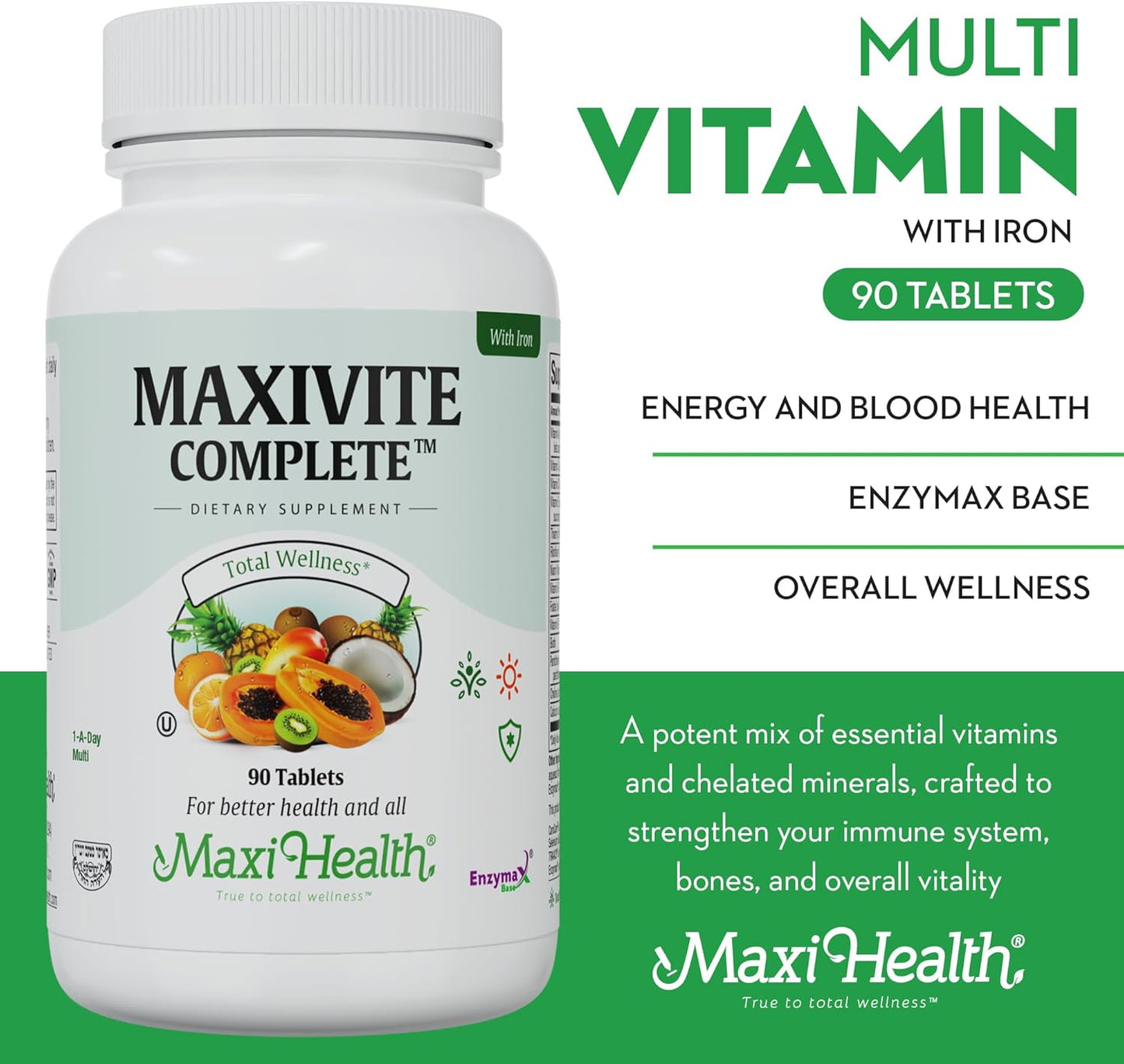 Maxi Health Complete Once Daily Multivitamin Tablets for Men & Women with Iron, Vitamin A, B, C, D, E, Zinc - 90 Tablets