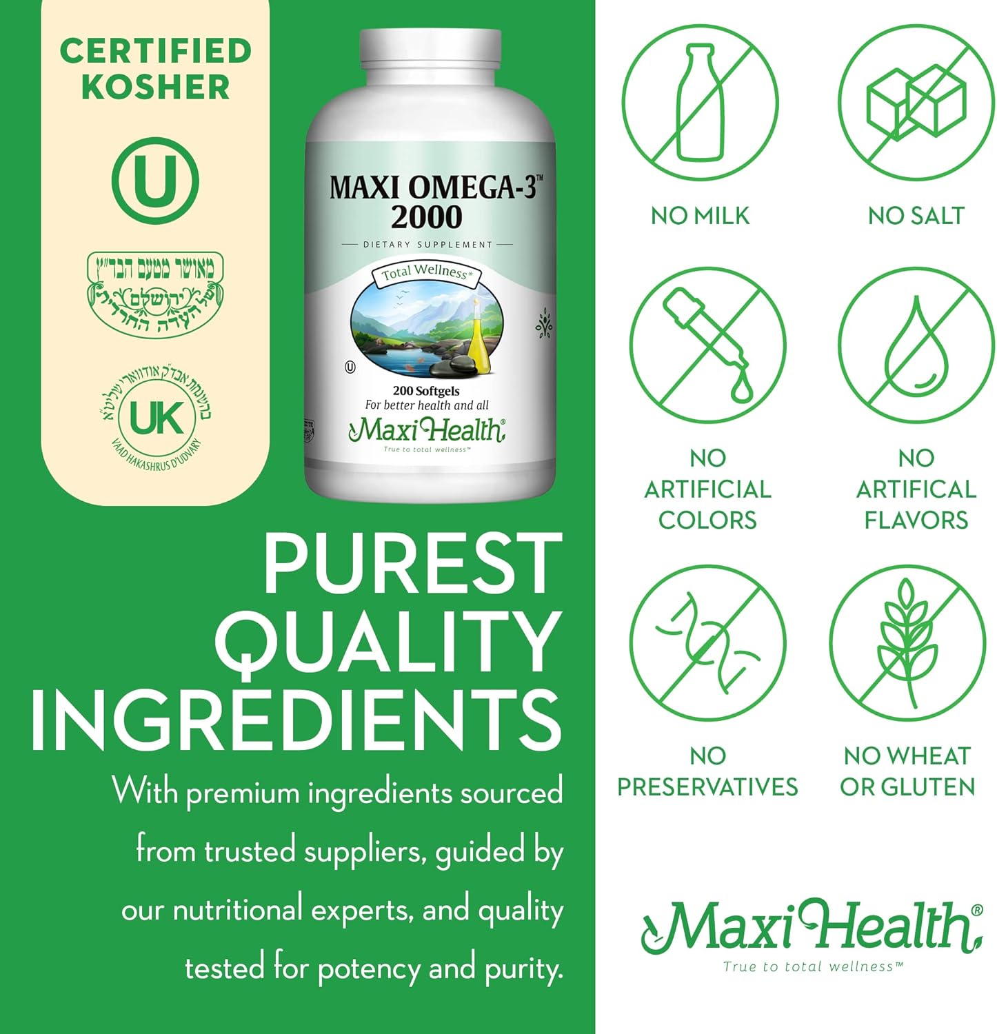 Maxi Health Omega-3 Fish Oil Supplement 2000mg - Natural EPA & DHA Source for Heart, Brain, Joint Health - Kosher Certified 200 Softgels