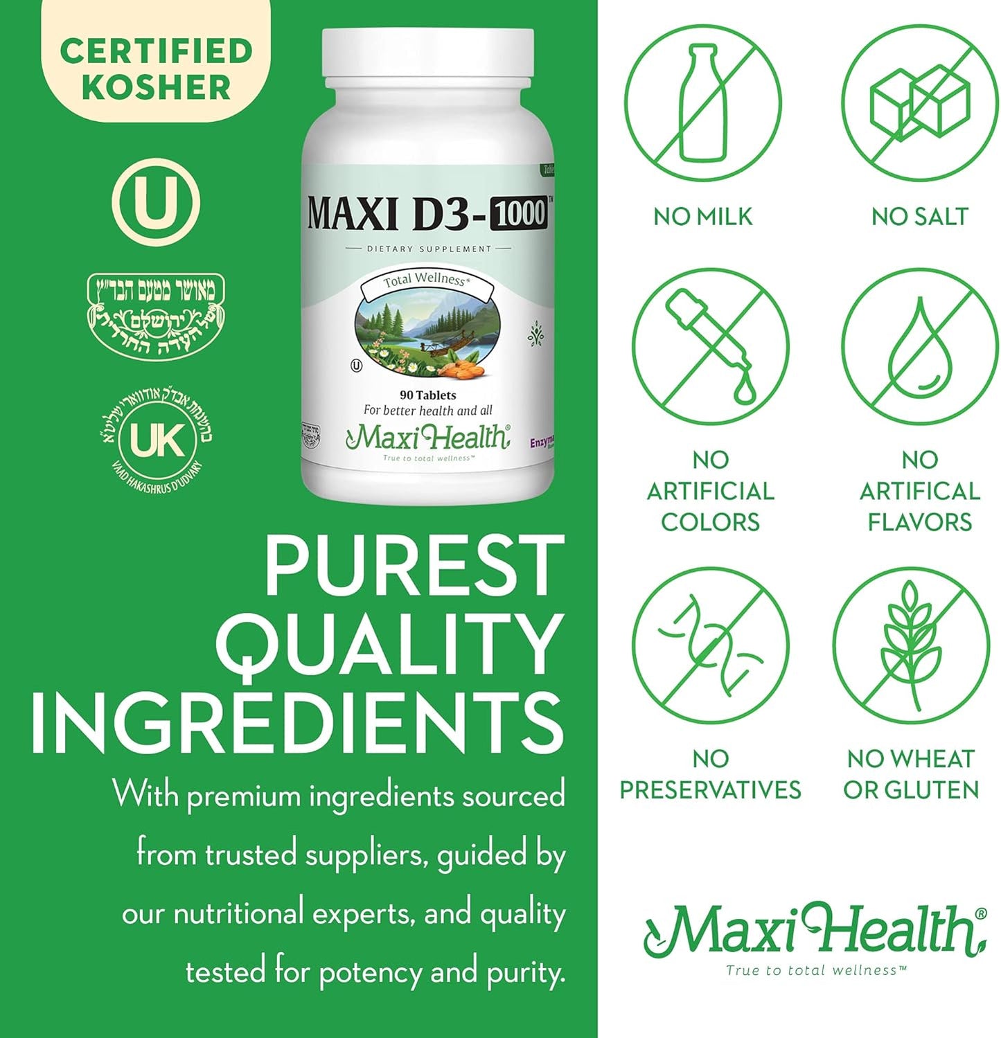 Maxi Health Vitamin D3 1000 IU Supplement for Calcium Absorption & Immune Health - 90 Tablets, Easy to Swallow, Odorless & Tasteless