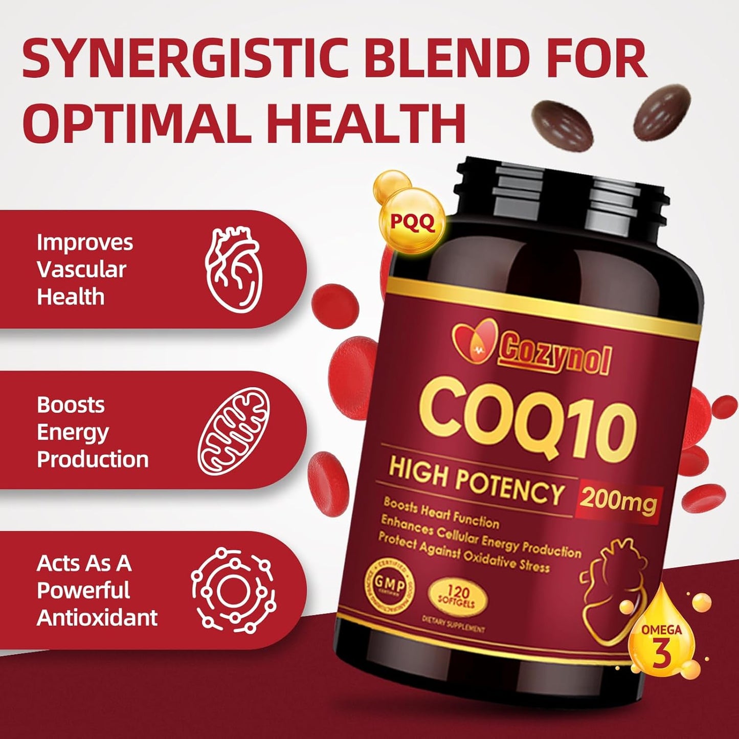 Maximum Absorption CoQ10 Softgels with PQQ, Omega 3 & Antioxidants for Heart & Energy, 200mg, 120 Count, Non-GMO, 4 Month Supply