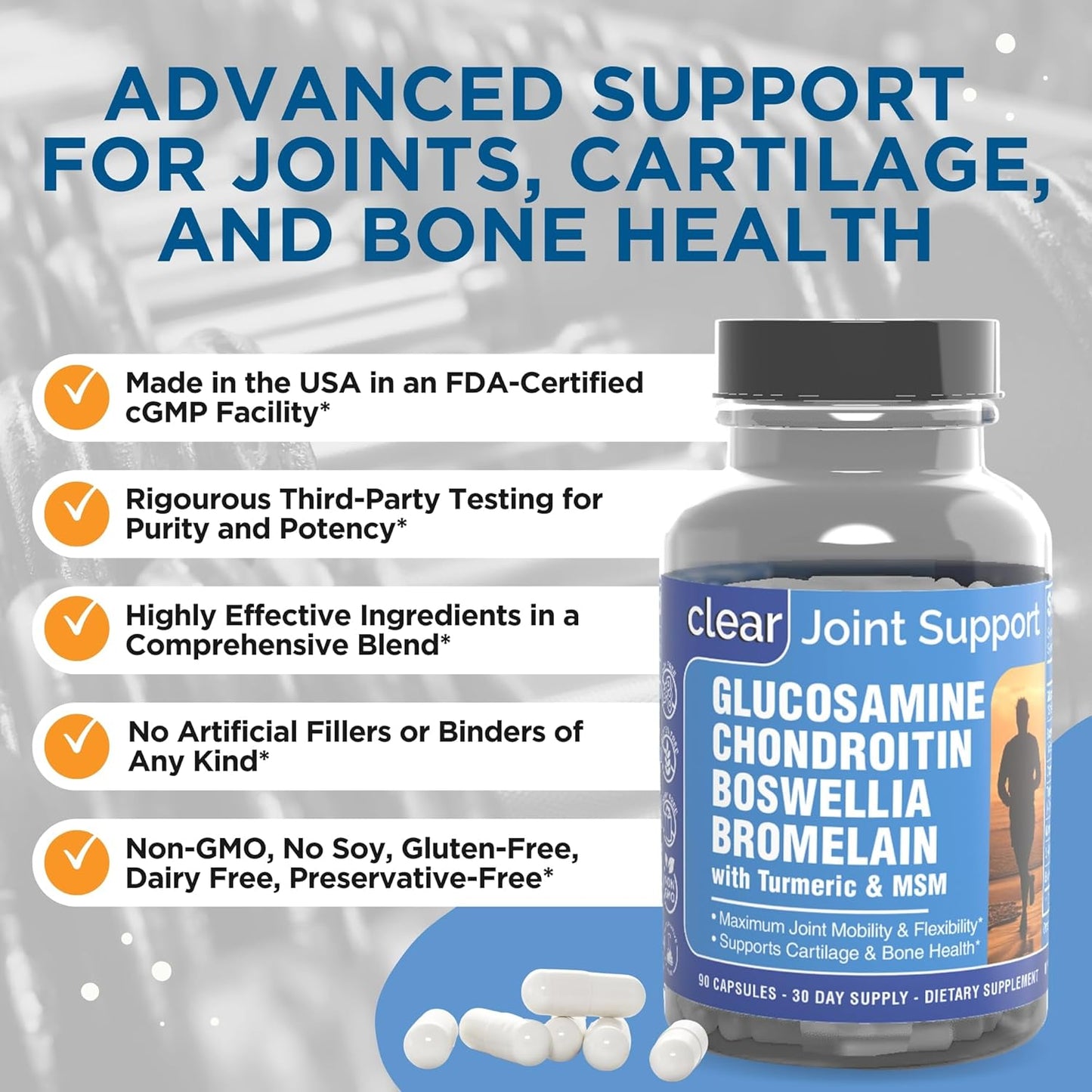Maximum Joint Support Supplement with Glucosamine, Chondroitin, MSM, Boswellia, Turmeric, Quercetin, Bromelain - 90 Capsules
