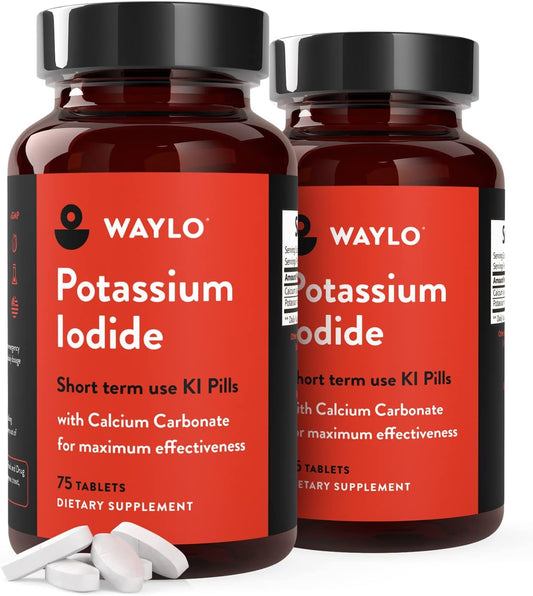 Maximum Protection Potassium Iodide Pills with Calcium Carbonate for Thyroid Support | Short Term Use Iodine Tablets | 130mg | 75 ct 2pk | Made in USA