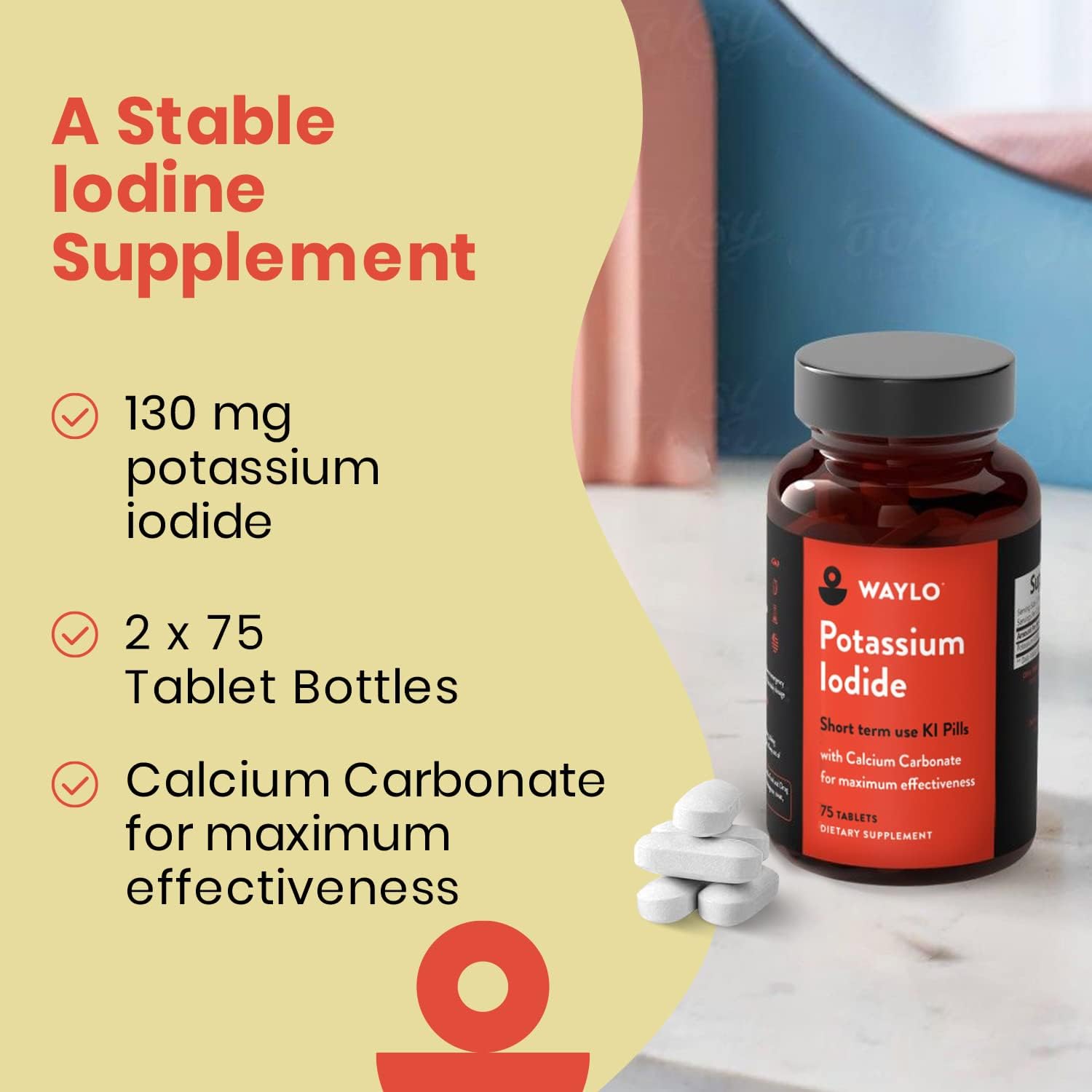 Maximum Protection Potassium Iodide Pills with Calcium Carbonate for Thyroid Support | Short Term Use Iodine Tablets | 130mg | 75 ct 2pk | Made in USA