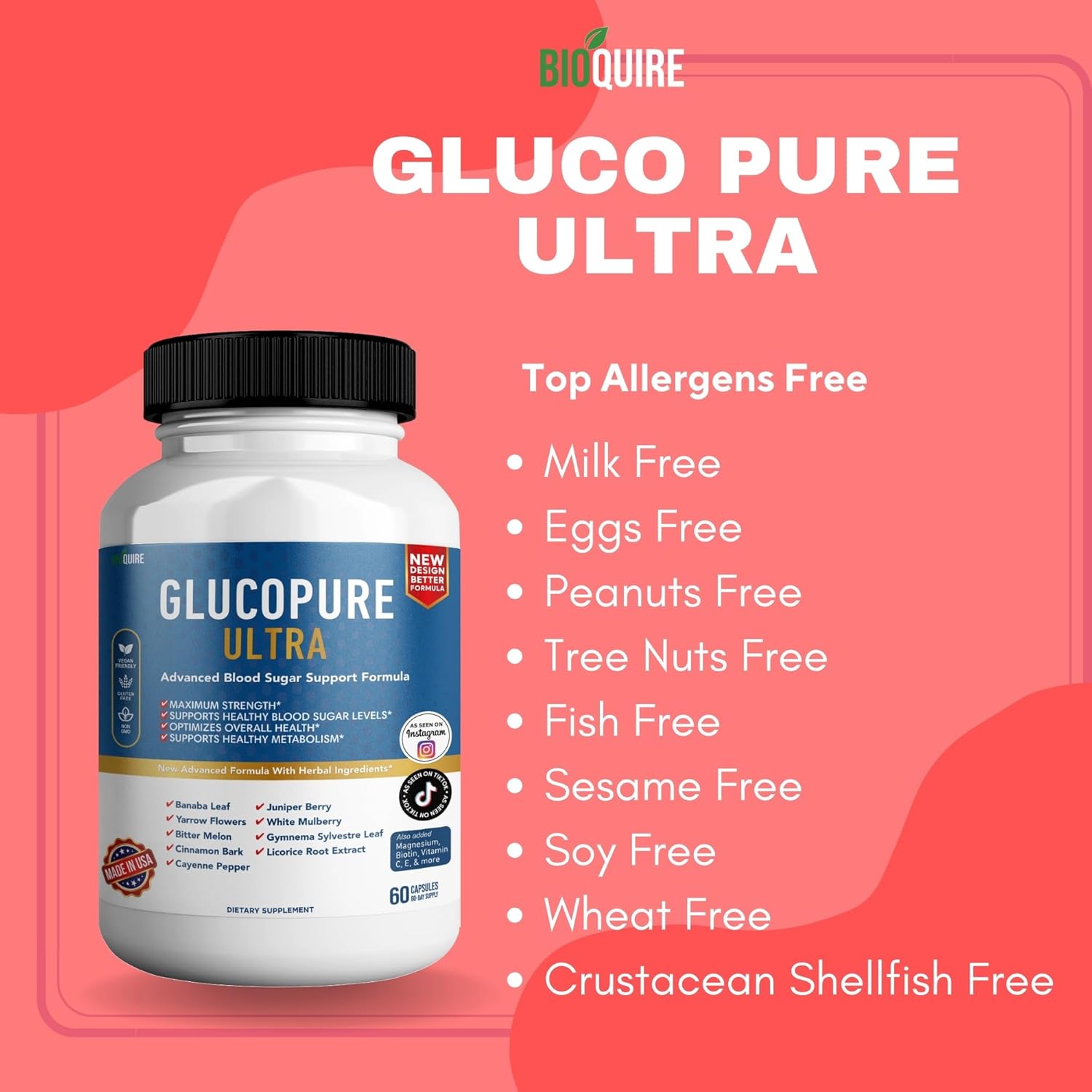Maximum Strength BIOQUIRE Gluco Pure Ultra Dietary Supplement - 60 Capsules - Supports Healthy Blood Sugar Levels - Optimizes Overall Health