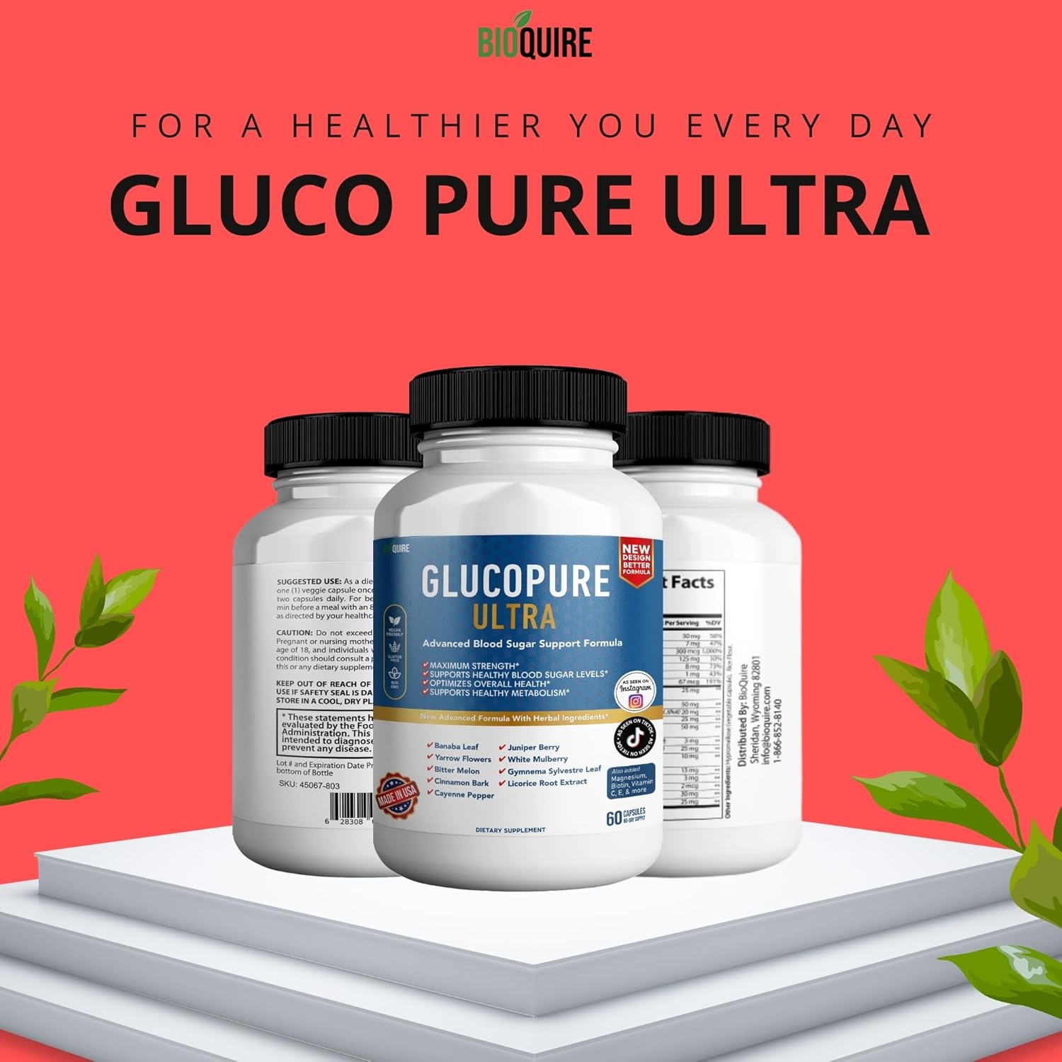Maximum Strength BIOQUIRE Gluco Pure Ultra Dietary Supplement - 60 Capsules - Supports Healthy Blood Sugar Levels - Optimizes Overall Health
