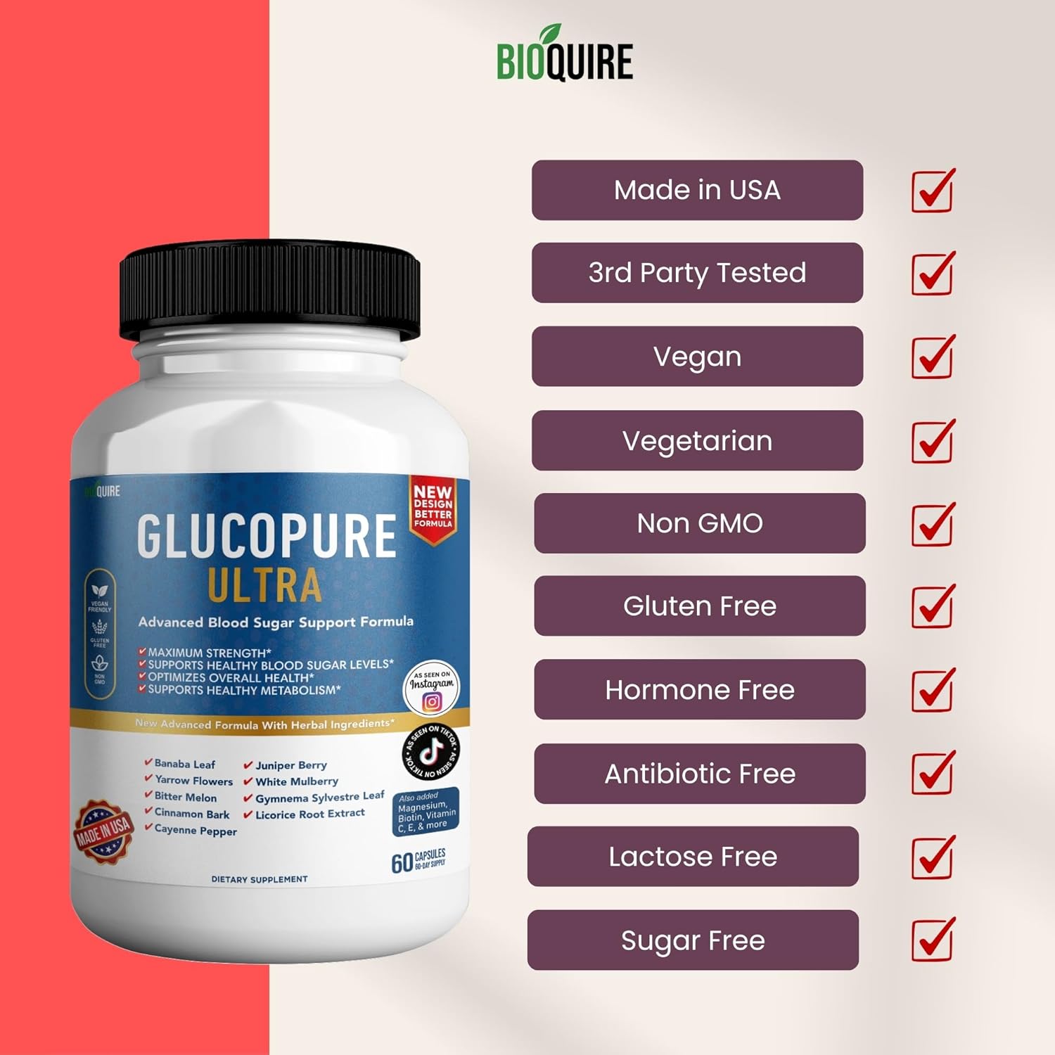 Maximum Strength BIOQUIRE Gluco Pure Ultra Dietary Supplement - 60 Capsules - Supports Healthy Blood Sugar Levels - Optimizes Overall Health