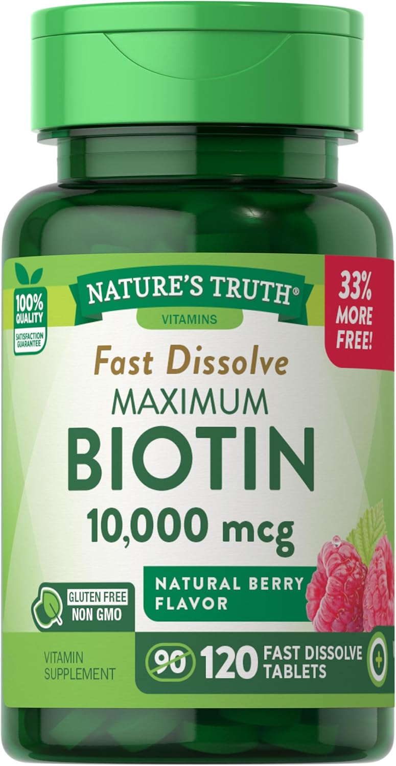Maximum Strength Biotin 10000mcg Fast Dissolve Tablets - Hair Skin Nails Supplement - Natural Berry Flavor - Vegetarian & Non-GMO - 120 Count
